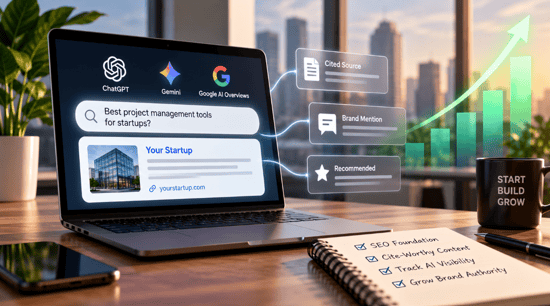 Laptop displaying AI-powered search results, startup brand mentions, citations, and visibility analytics, illustrating GEO and SEO strategies for startup growth.