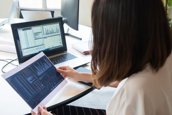 Professional reviewing business analytics charts and data reports at a desk, with dashboards displayed on a laptop screen