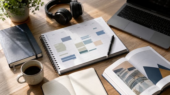 Corporate learning workspace with a weekly planner, headphones, laptop, notebooks, and scheduled training blocks arranged for focused professional development