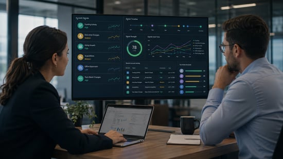 Two sales professionals reviewing an account signals dashboard with funding, executive change, hiring, acquisition, office expansion, and tech-stack indicators.