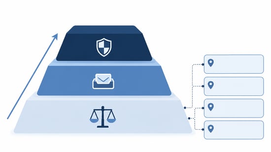 Three-tier diagram showing that legal rules set the minimum, mailbox-provider requirements set a higher bar, and industry bodies M3AAWG and Spamhaus take the strictest view of bulk cold email.