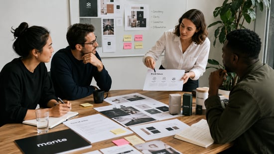 Business team reviewing brand values, tone of voice, audience positioning, and visual guidelines during a brand identity workshop.