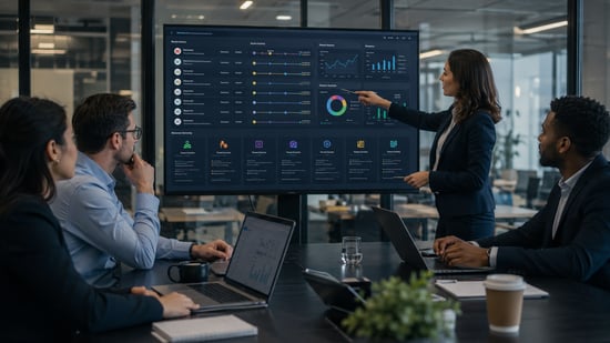Business sales team reviewing a signal intelligence dashboard showing account activity, charts, and company-change indicators.