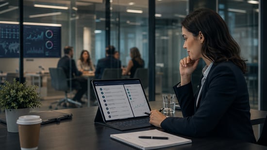 Business professional reviewing sales signal guidance on a tablet in a modern office with analytics screens in the background.