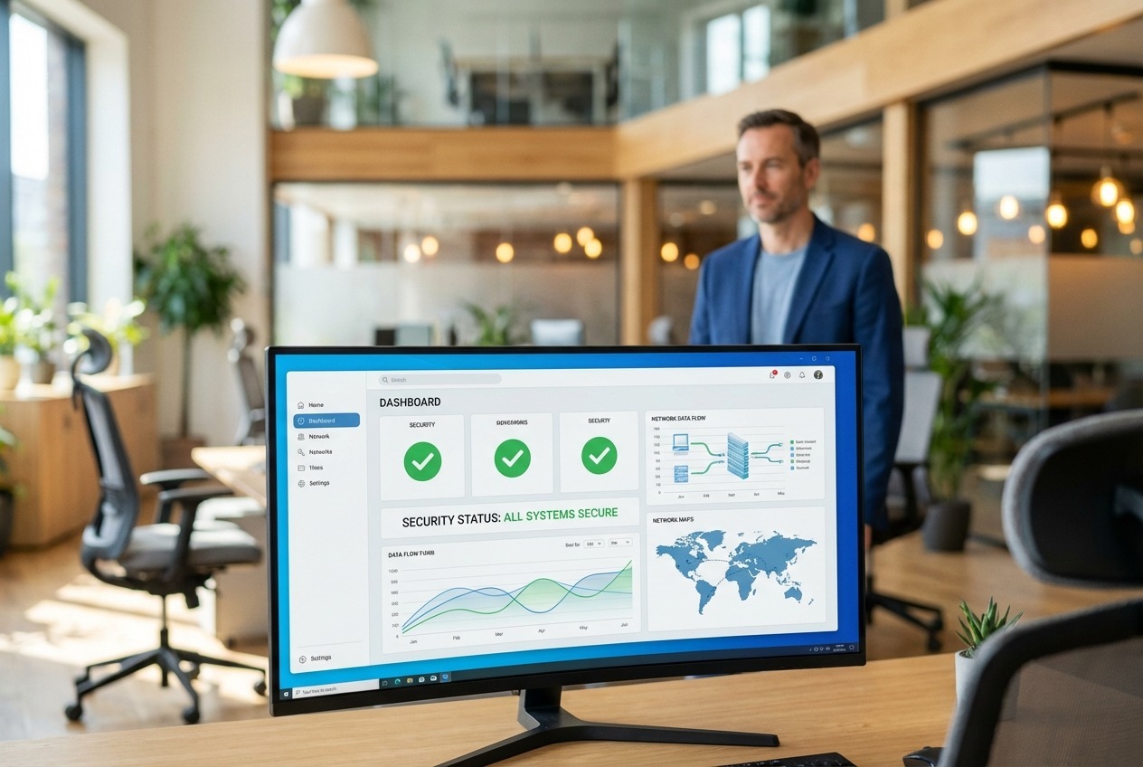 A modern office with a computer displaying a security dashboard.