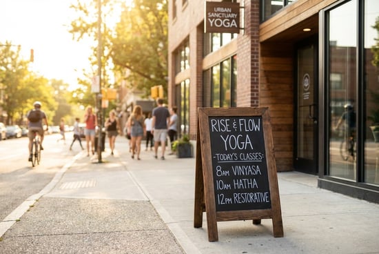 A chalkboard sign for yoga class timings outside the studio
